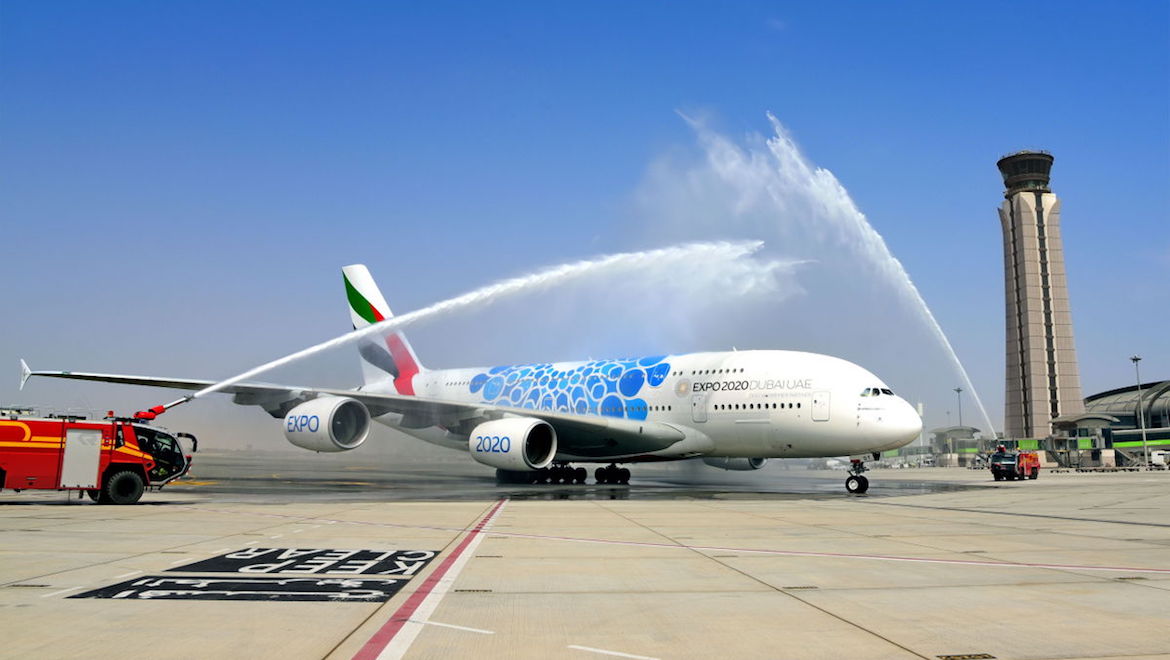 An Emirates Airbus A380 receives a traditional salute at Muscat airport. (Emirates)