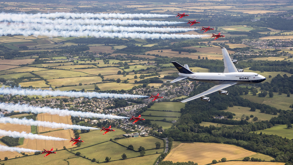 The Royal Air Force Aerobatic team, the Red Arrows, and a British Airways Boeing 747 delighted the crowds with a flypast at the 2019 Royal International Air Tattoo at RAF Fairford. (British Airways)