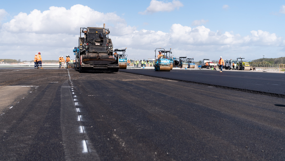Brisbane Airport's third runway has reached the stage where asphalt is being laid down. (Brisbane Airport/Jen Dainer)