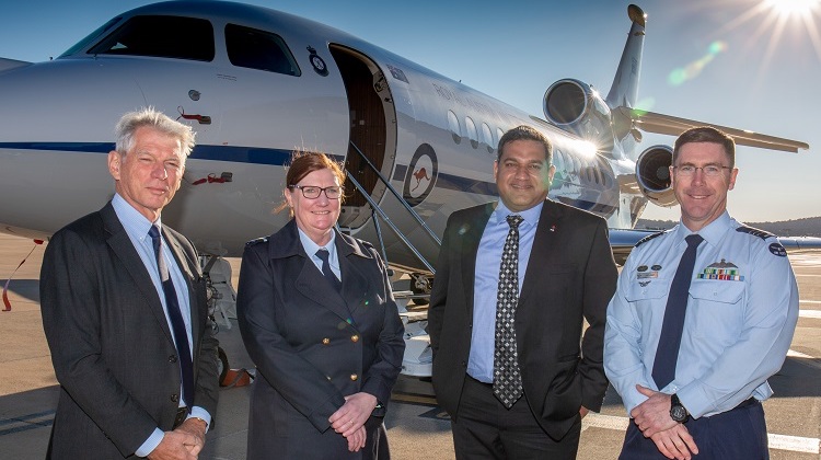 Dassault Aviation Falcon Asia Pacific president Jean-Michael Jacob, Head of Air Force Capability AVM Cath Roberts, National Australia Bank director of global infrastructure and government corporate and institutional banking Don Oliveira, CO 34SQN WGCDR Jason Pont. (Defence)