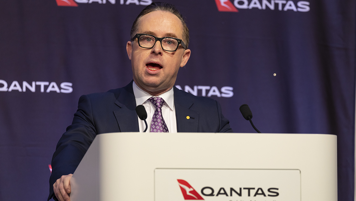 Qantas chief executive Alan Joyce delivers the airline group's 2018/19 full year results. (Seth Jaworski)
