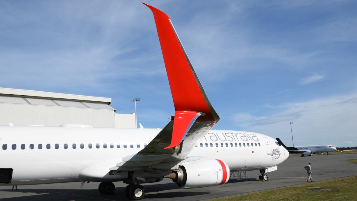 Boeing 737-800 VH-YIV with the new split scimitar winglets. (Virgin Australia)