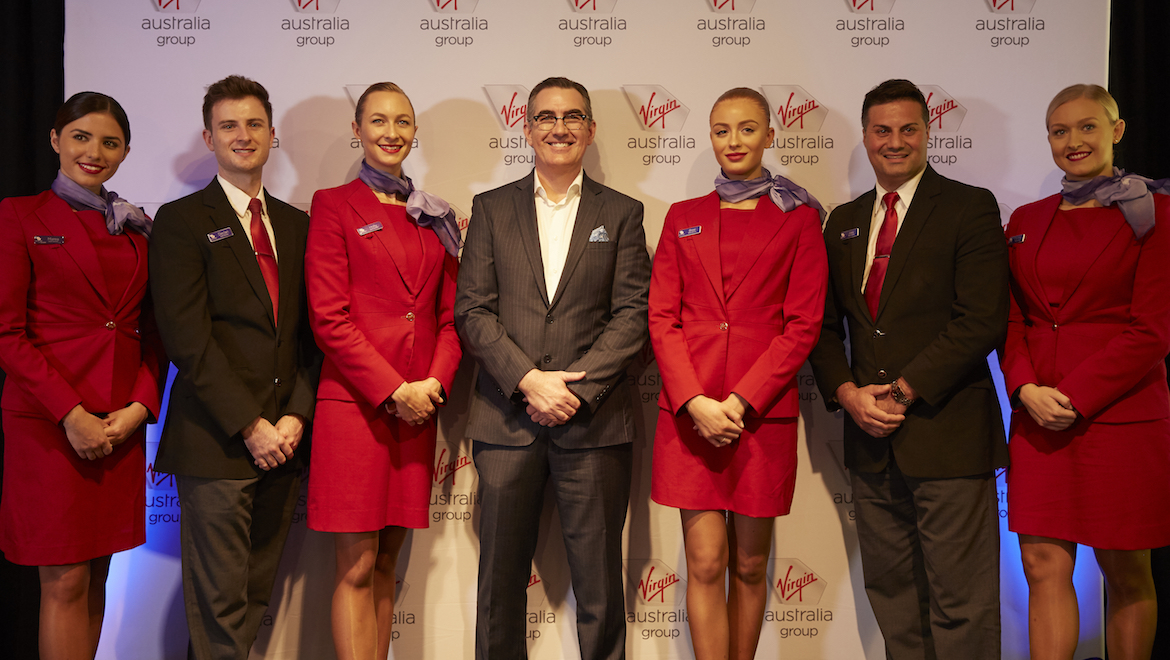 Virgin Australia chief executive Paul Scurrah with staff when his appointment was announced in March 2019. (Virgin Australia)