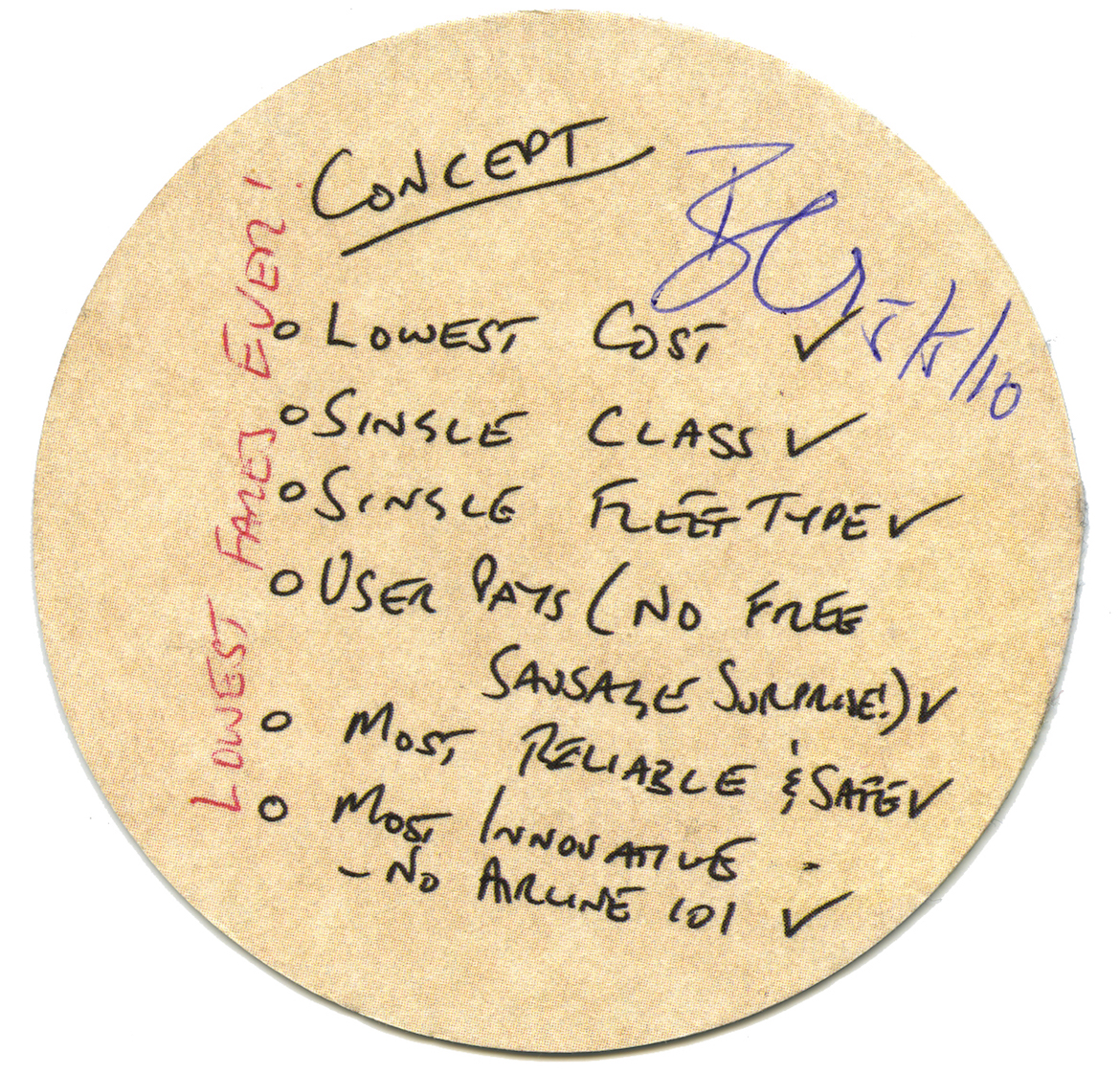 Business plan – Brett Godfrey famously mapped out the original Virgin Blue concept on beer coasters. This replica coaster, which Godfrey has initialled, was reproduced for his May 5 farewell function.