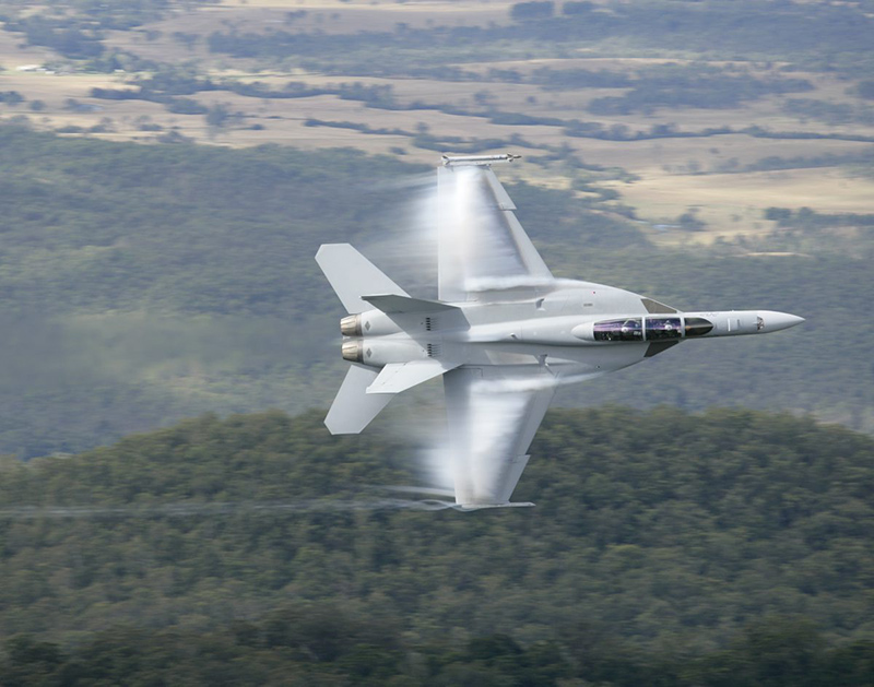 "Weekesy" in action, practising low level flying around Mt Mitchell in the Block II Super Hornet. During this time, he was based at RAAF Amberley. (RAAF/Peter Weekes)