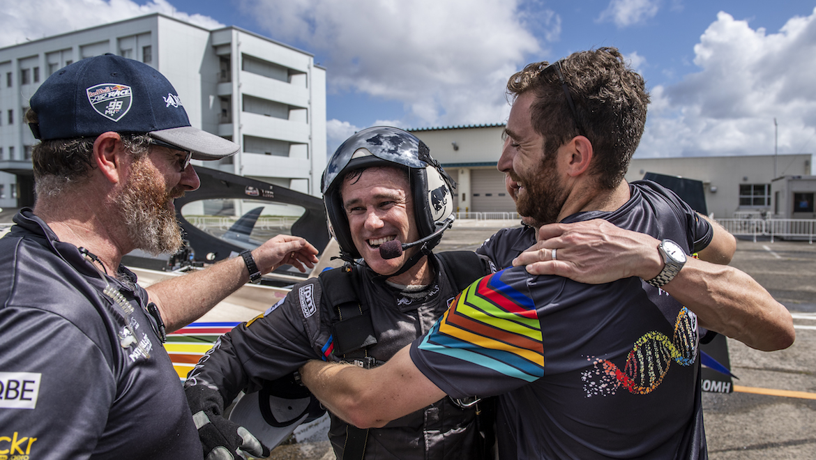 Matt Hall celebrates with his team after becoming Red Bull Air Race World champion. (Red Bull Content Pool)