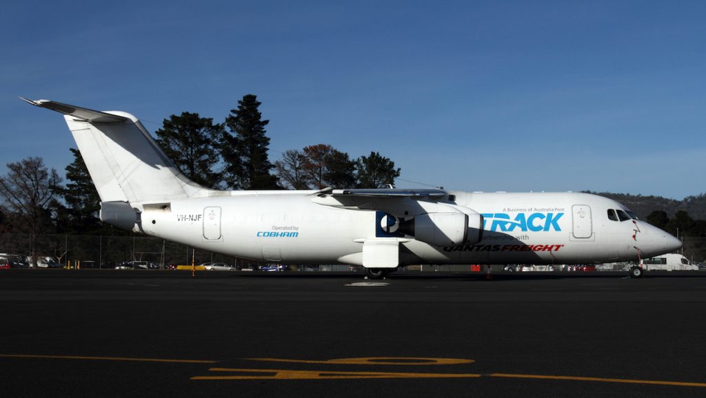 A file image of a Cobham BAE 146-300QT at Hobart Airport. (Rob Finlayson)