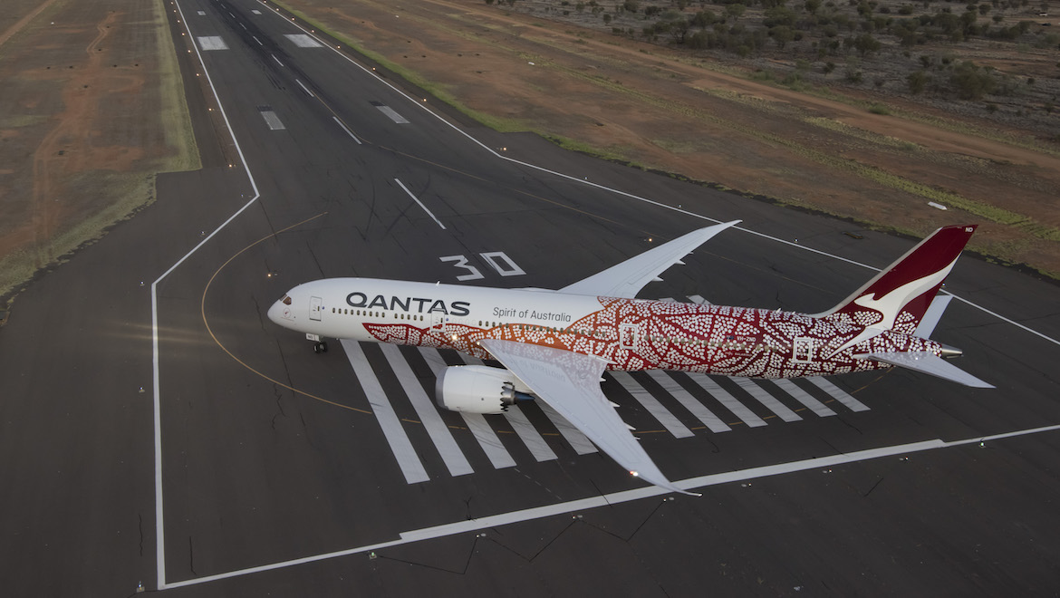 Qantas Boeing 787-9 VH-ZND Emily Kame Kngwarreye at Alice Springs. (Qantas/James Morgan)
