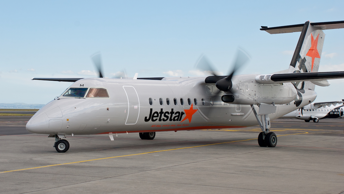 A file image of de Havilland Q300 VH-TQM in Jetstar livery in Auckland. (Andrew Aley)