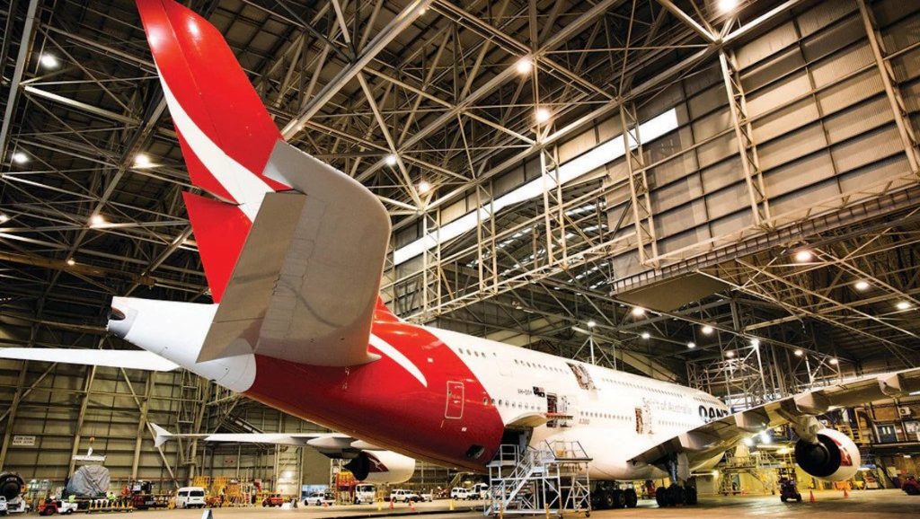 A Qantas Airbus A380 in the hangar. (Qantas)