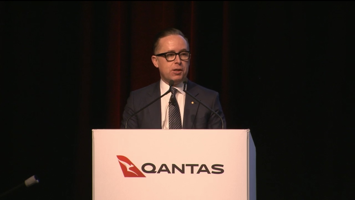 Chief executive Alan Joyce at the airline group's 2019 annual general meeting in Adelaide.