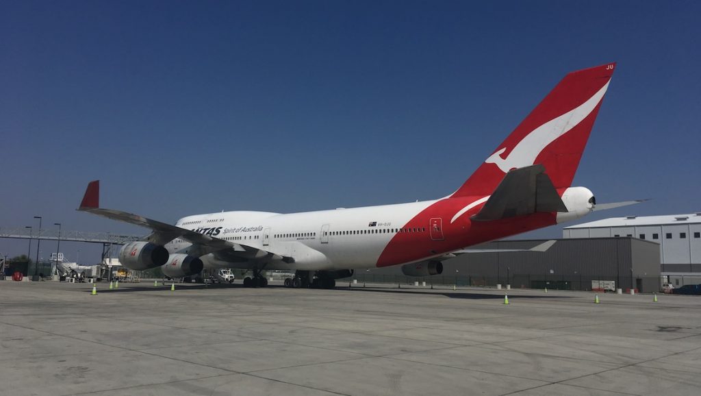 Qantas Boeing 747-400 VH-OJU at the airline's Los Angeles maintenance facility. (Jordan Chong)