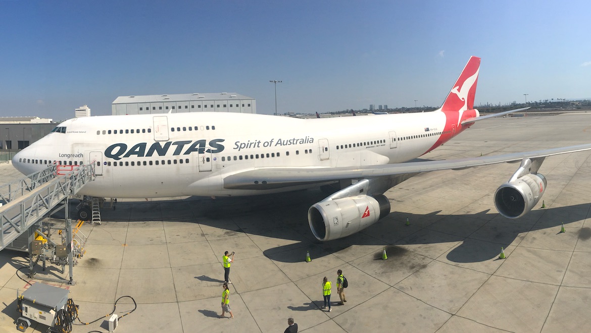 Qantas Boeing 747-400 VH-OJU at the airline's Los Angeles maintenance facility. (Jordan Chong)