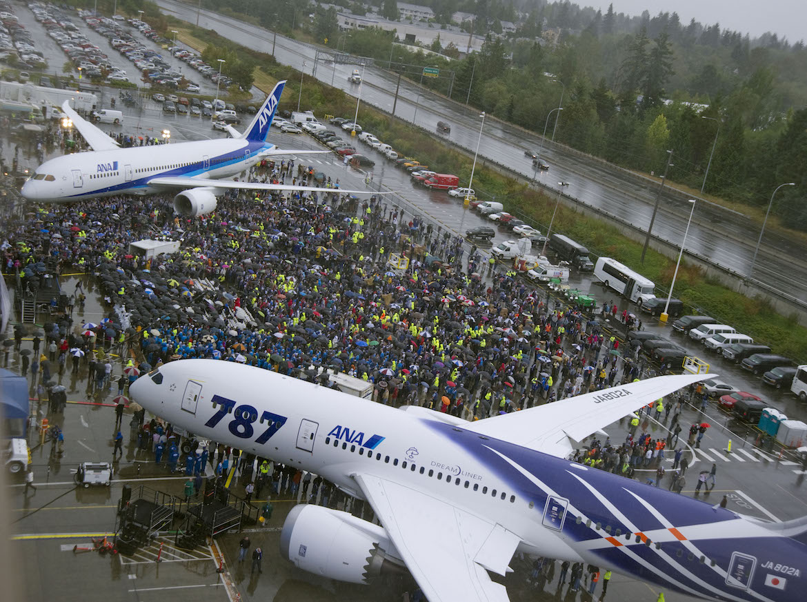 ANA’s first 787 (foreground) is pictured with 787 test aircraft ZA002, which wears ANA colours. (Boeing)