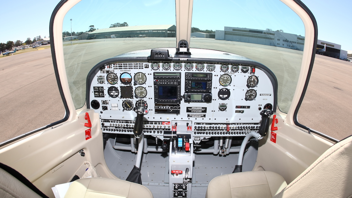 The cockpit is well equipped with a clean and orderly layout and large "stick-style" control columns. (Paul Sadler)