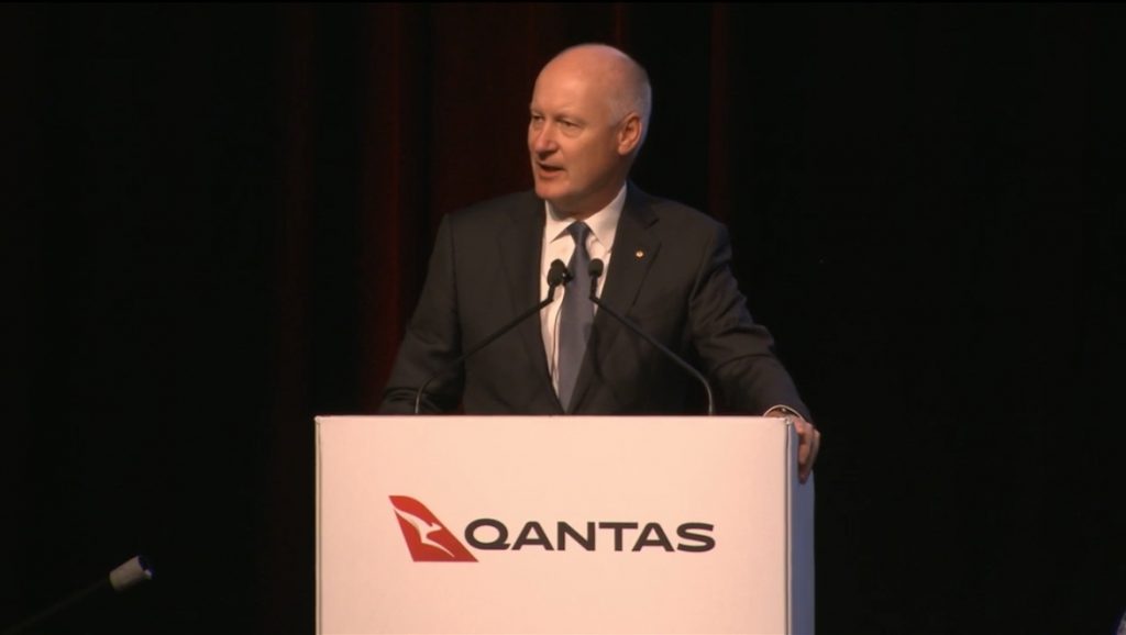 Qantas chairman Richard Goyder at the airline group's 2019 annual general meeting in Adelaide. (Qantas AGM webcast screenshot)