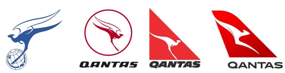 Qantas logos (from left) 1947-1968, 1968-1984, 1984-2016 and 2016-present day. (Qantas)
