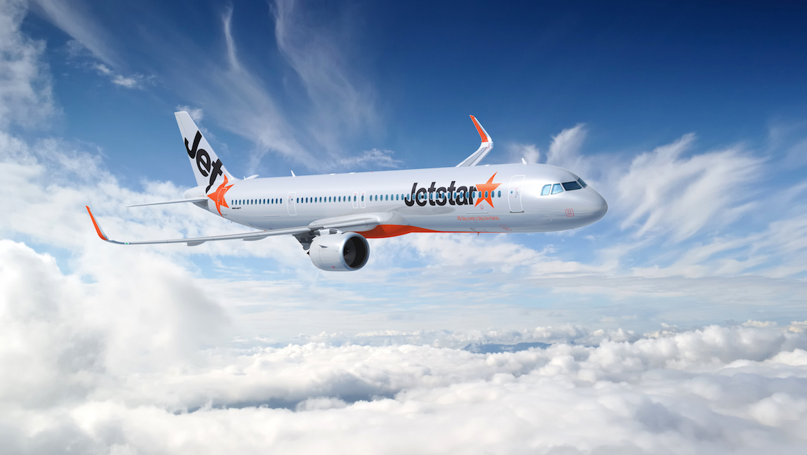 An artist's impression of an Airbus A321neoLR in Jetstar livery.
