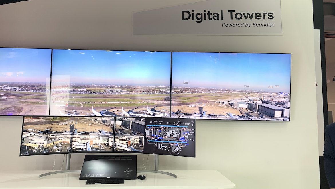 A digital tower at the Searidge Technologies stand at the 2019 Dubai Air Show. (Denise McNabb) 
