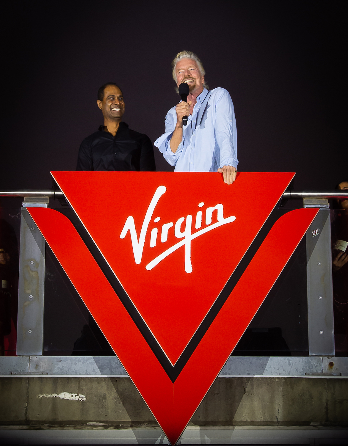 Virgin Voyages chief commercial officer Nirmal Saverimuttu and Sir Richard Branson launch Virgin Voyages in Sydney. (Virgin Voyages)