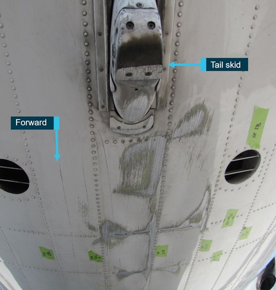 The damage to the tail skid and underside of the rear fuselage of Virgin Australia ATR 72-600 VH-FVZ. (ATSB)