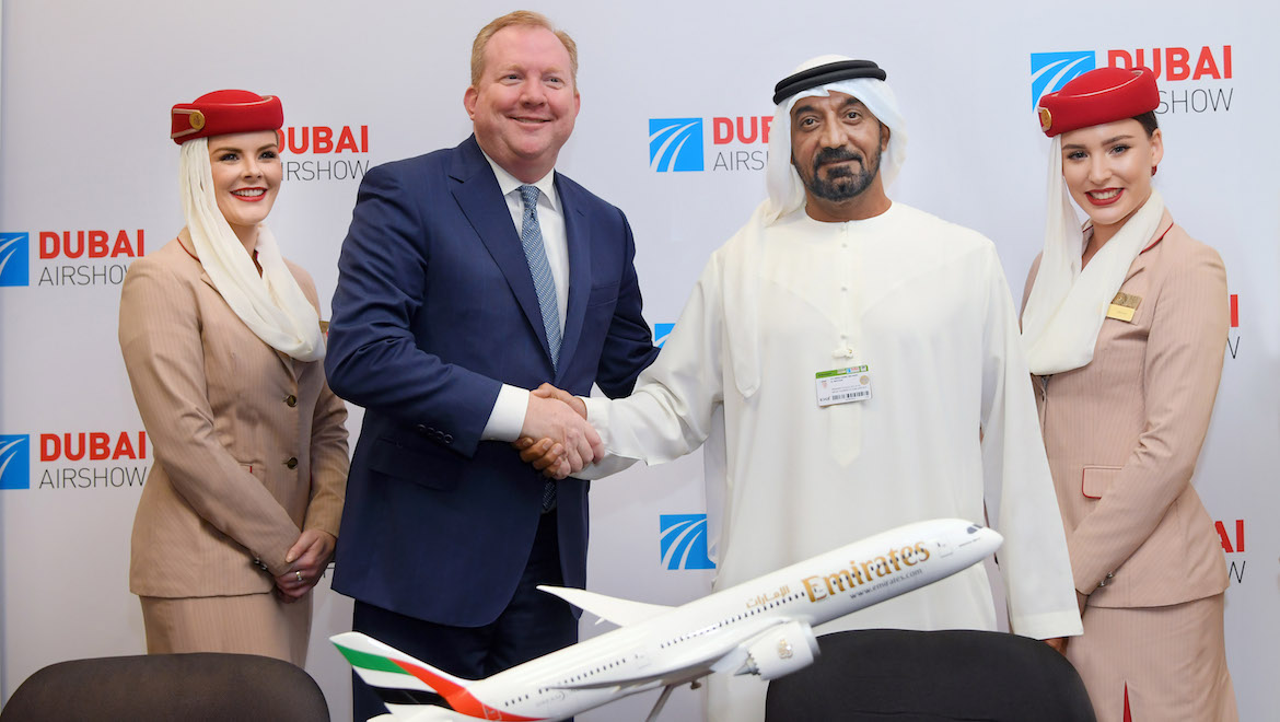 Boeing Commercial Airplanes' Stan Deal and Emirates chief executive Sheik Ahmed bin Saeed Al Maktoum. (Emirates)