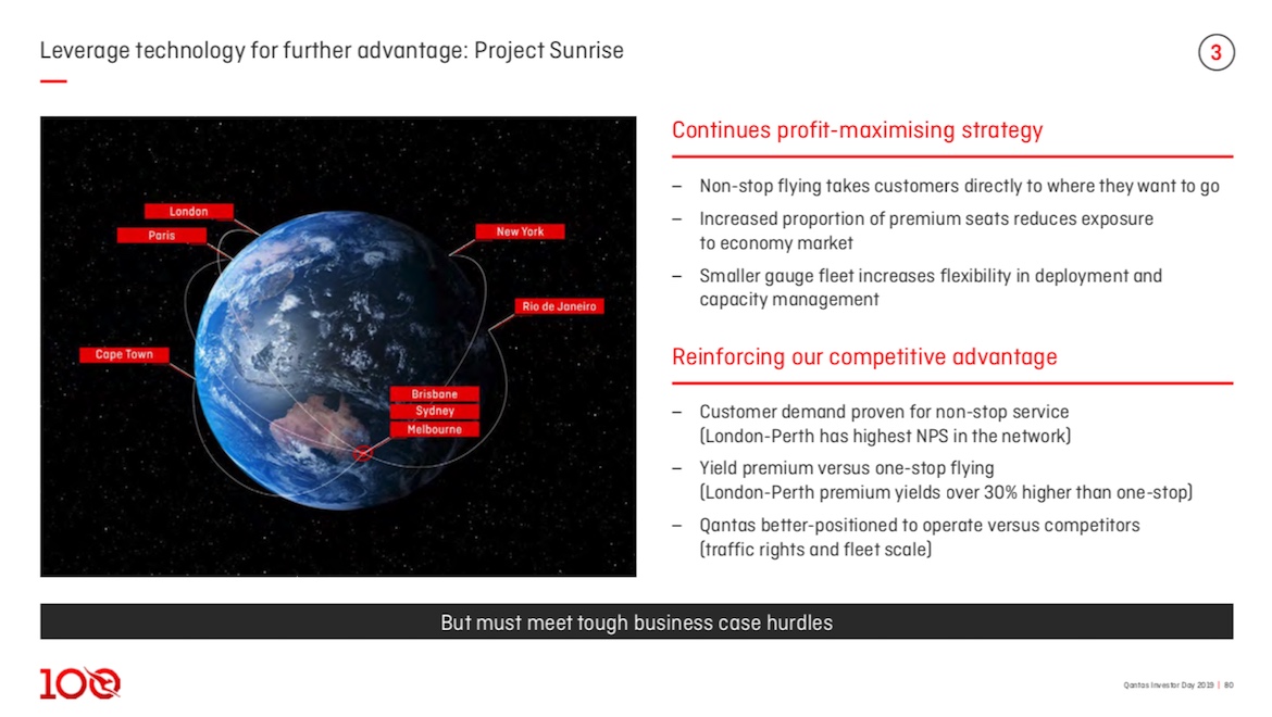 A slide on Project Sunrise from Qantas's 2019 investor day. (Qantas)