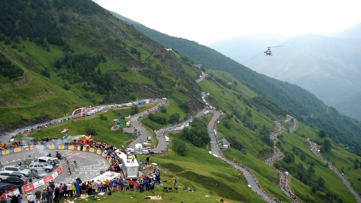 H1 shoots the action as Tour de France riders race up towards the Pyrenean ski resort of Luz Ardiden. (G Demouveaux/ASO)
