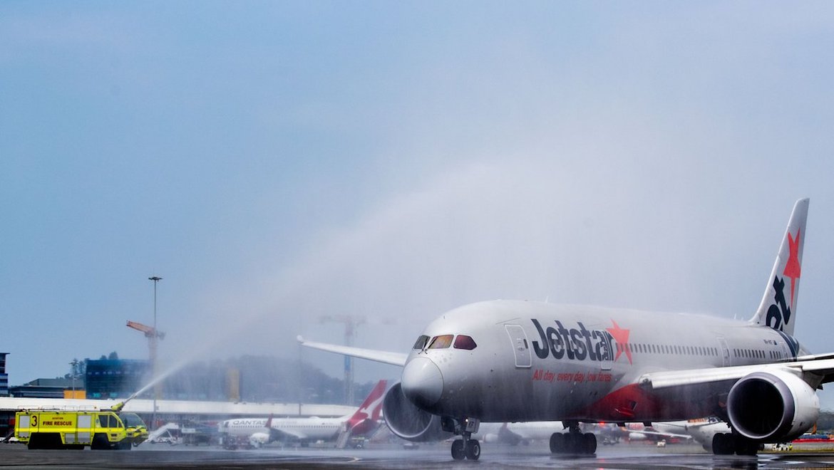 Jetstar Boeing 787-8 VH-VKF receives a send-off prior to departing Gold Coast for Seoul Incheon as the JQ49. (Gold Coast Airport)