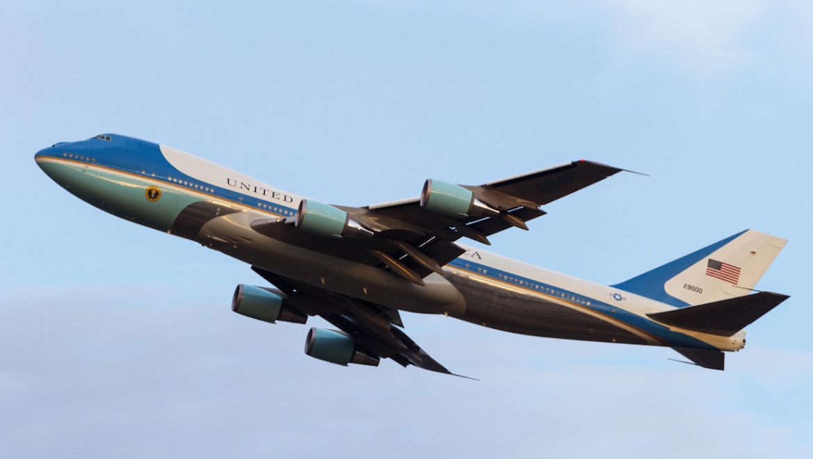 VC-25A 92-9000 "Air Force One" departs Amberley on November 16. (Alexander Watts)