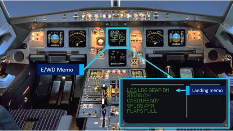 The Airbus A320 flight deck and Engine/Warning Display (E/WD) landing memo. (ATSB)