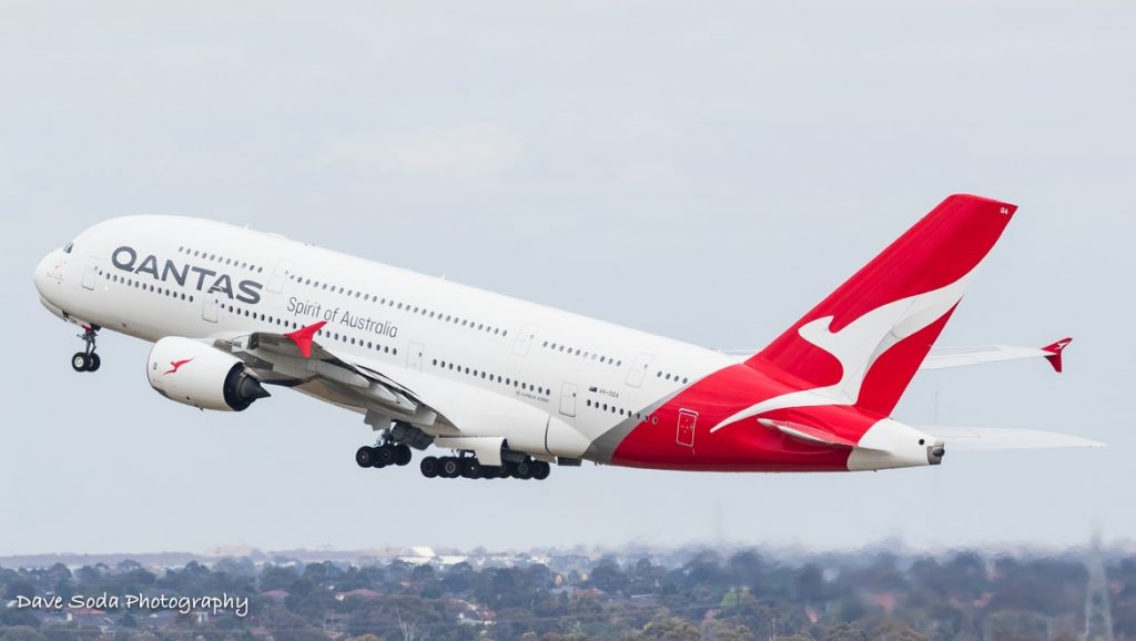 VH-OQA rotates from Melbourne Airport Qantas A380