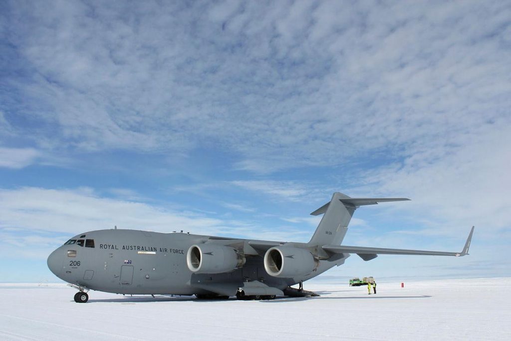 A RAAF C-17A Globemaster III at Wilkins Aerodrome in Antarctica during Operation Southern Discovery. Photo Michael Wright