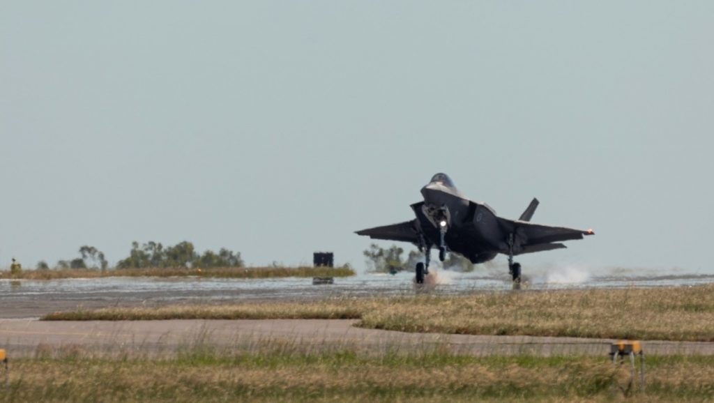 A RAAF F35A Lightning II aircraft touch down for the first time at RAAF base Darwin for exercise Arnhem Thunder 21.