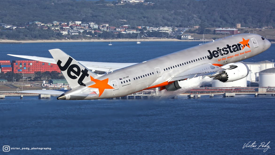 A Jetstar 787-8, VH-VKF, departing from Sydney and as shot by Victor Pody