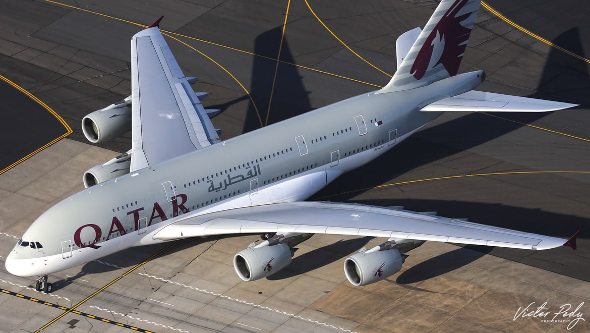A Qatar A380, A7-APA, as shot from the air by Victor Pody
