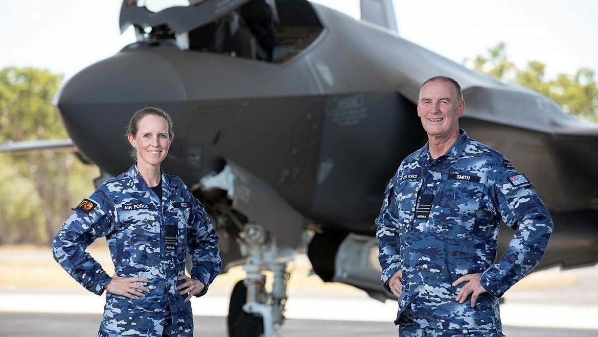 Wing Commander Shane Smith, right, with Air Base Executive Officer, Squadron Leader Lauren Guest and the F-35A at Tindal. (Stewart Gould)