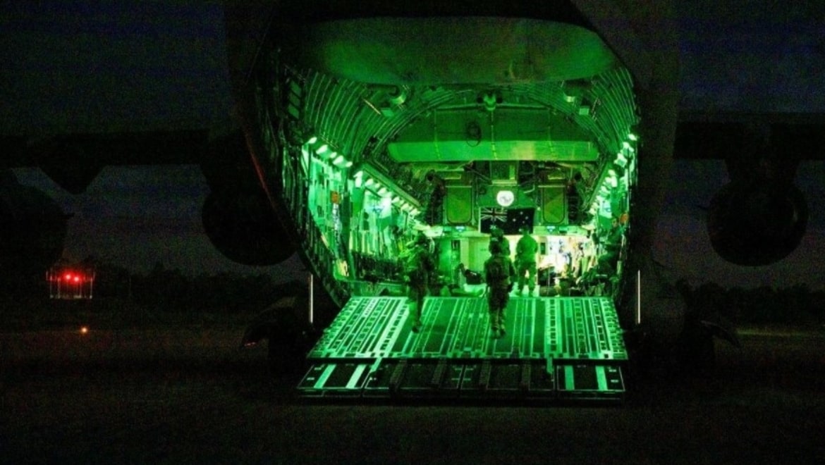 n Air Force aircraft security operations team on the ramp of a C-17A Globemaster III during Precision Gauntlet (Corporal Brett Sherriff Defence)